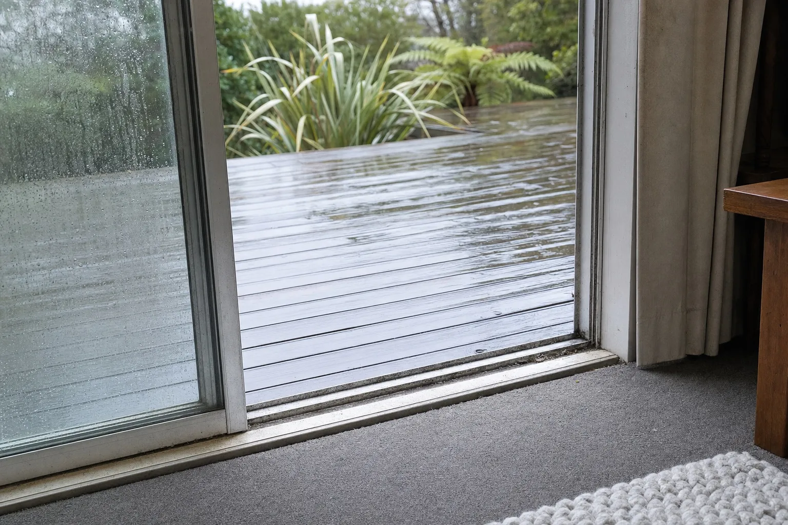 Illustrative: an old aluminium ranchslider opening onto a wet deck
