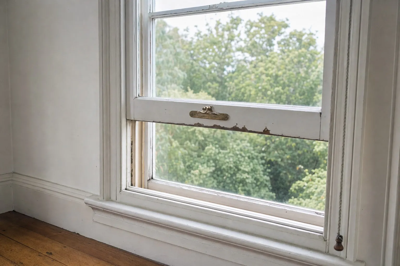 Illustrative: a painted timber double-hung sash window seen from inside a villa