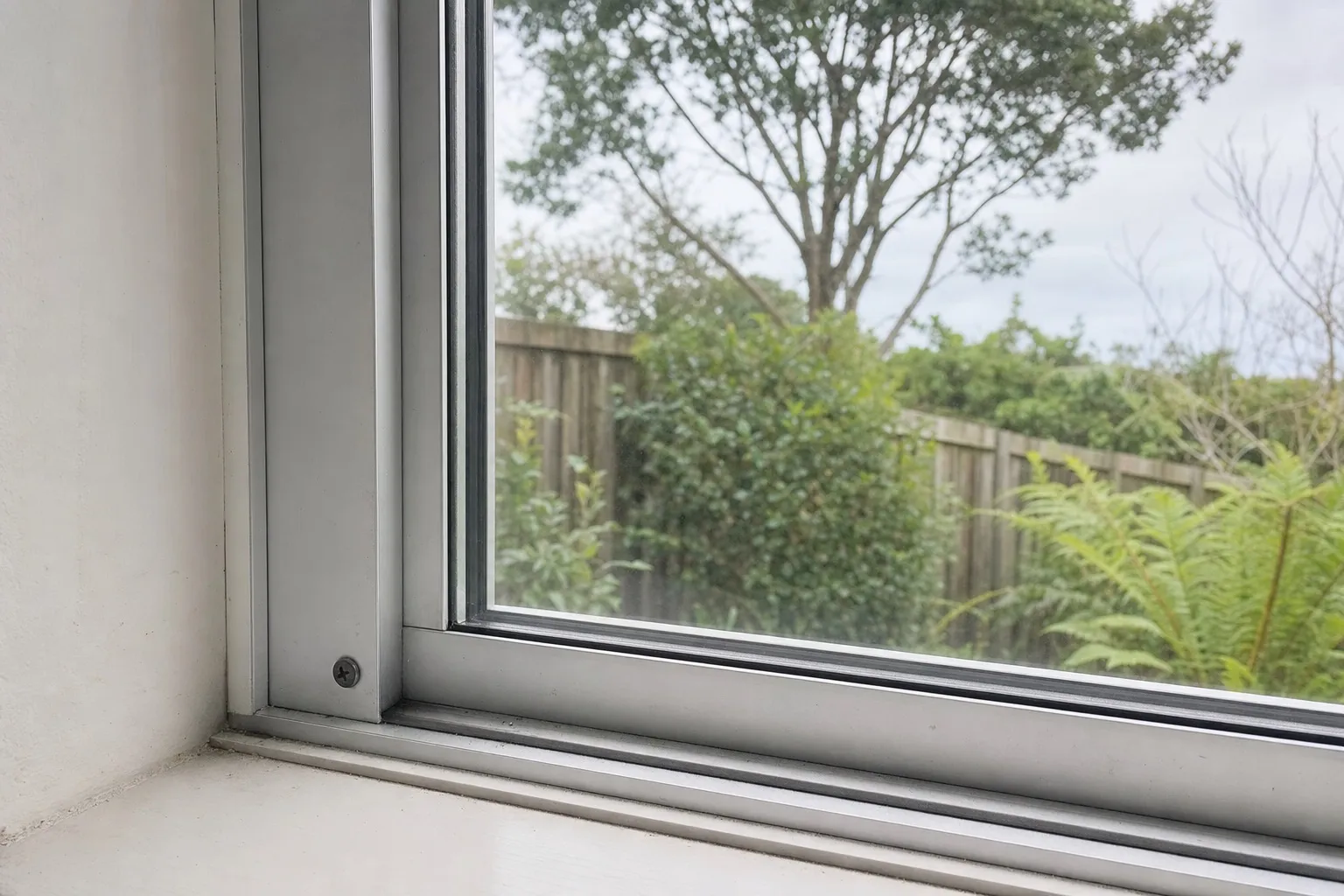 Illustrative: the corner of an aluminium window frame showing the depth of the glazing rebate
