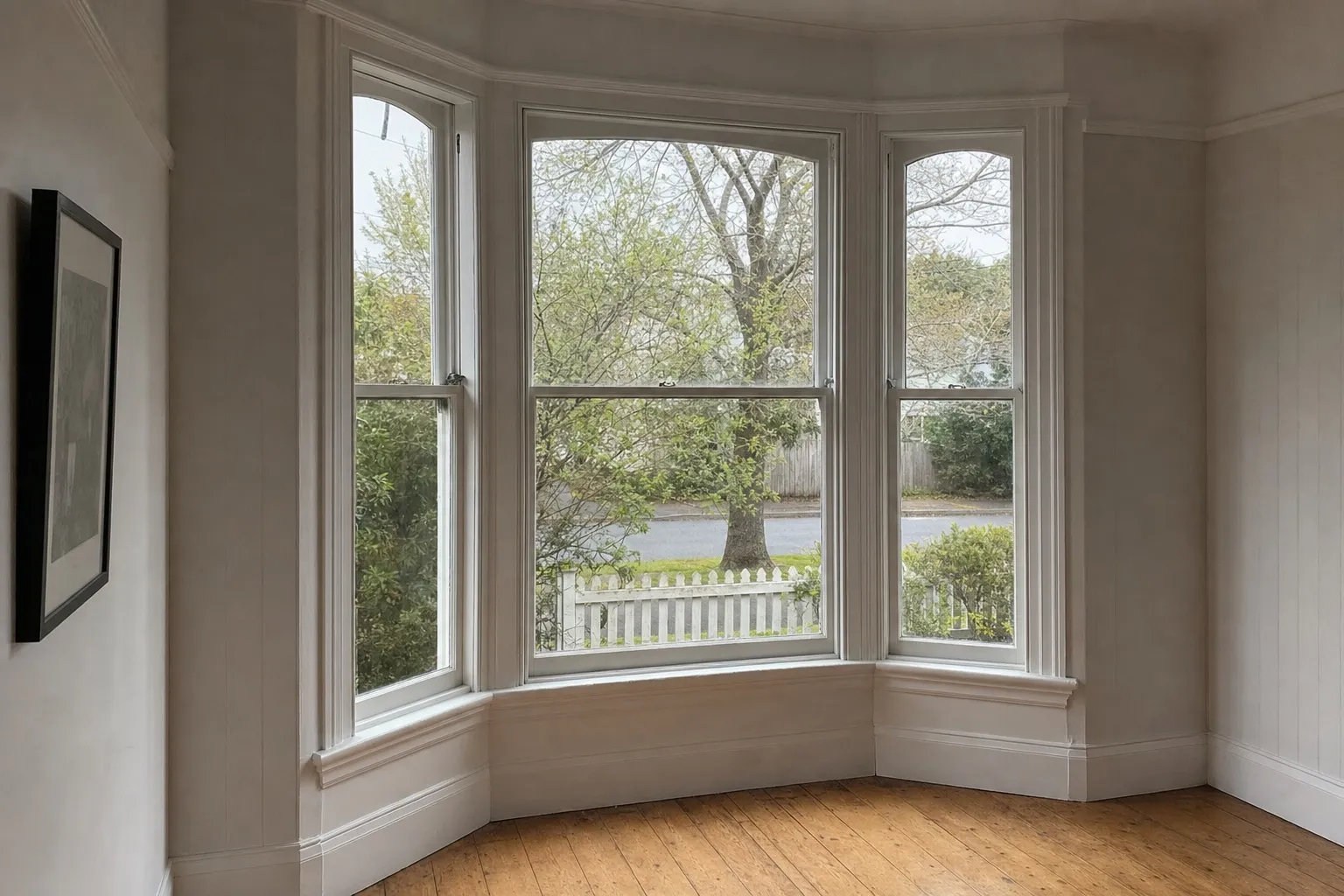 Illustrative: a villa's street-facing bay of painted timber sash windows seen from inside, a picket fence beyond