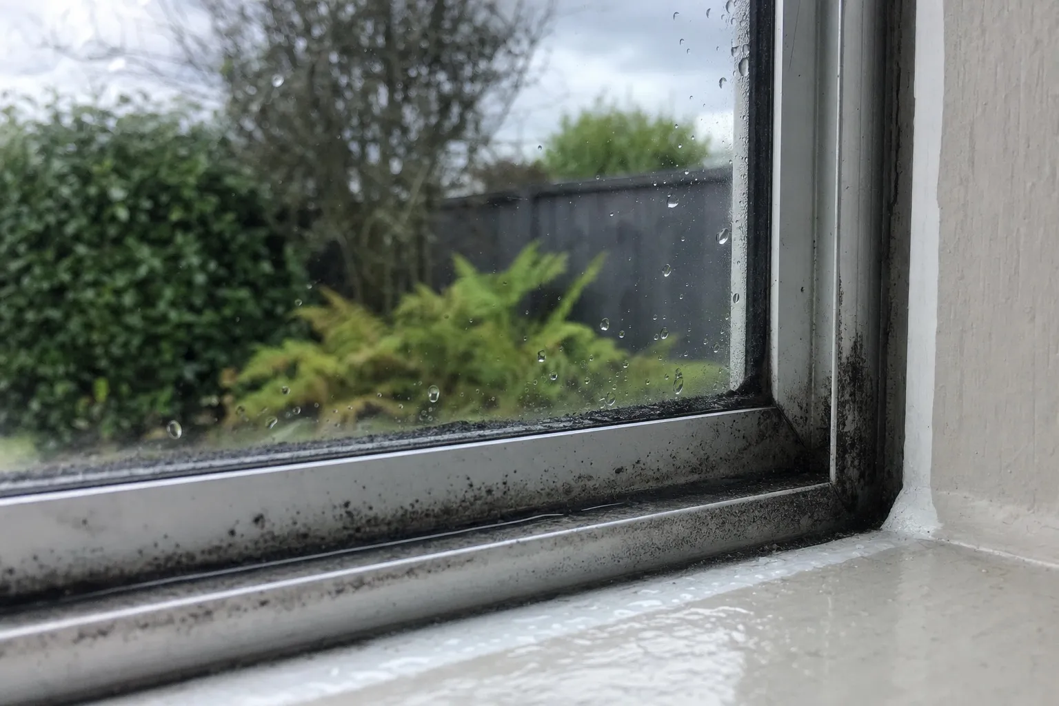 Illustrative: black mould along the rubber seal and sill of an older aluminium window