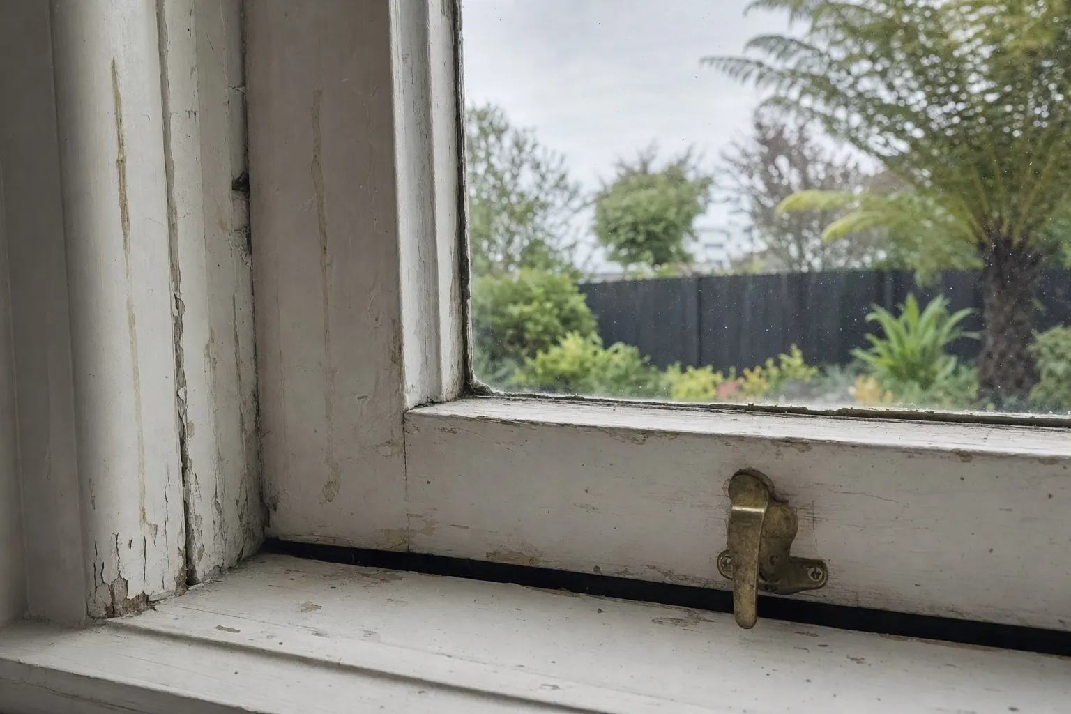 Illustrative: flaking paint and a softened bottom rail on an old timber sash